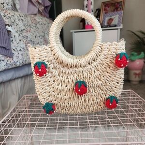 Strawberry Embellished Straw Tote Bag